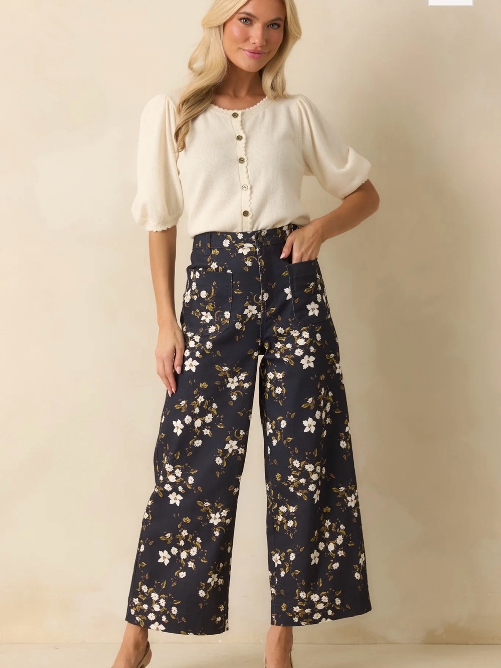 Navy Floral Print Cotton Wide Leg Jeans